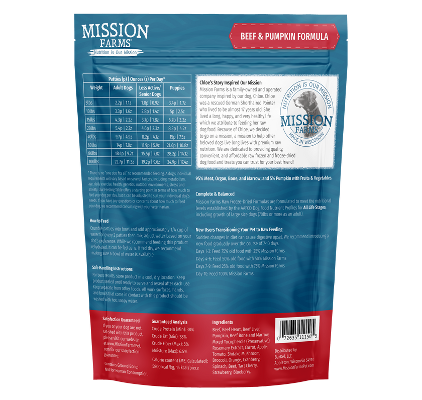 Mission Farms Beef & Pumpkin Recipe Freeze-Dried Dog Food – 14oz