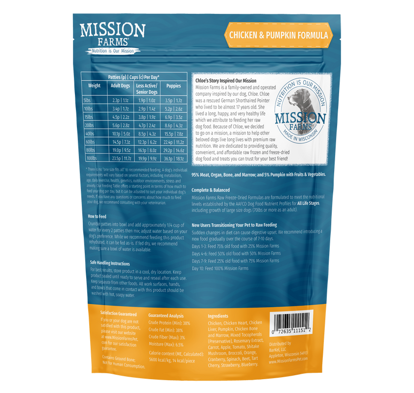Mission Farms Chicken & Pumpkin Recipe Freeze-Dried Dog Food – 14oz