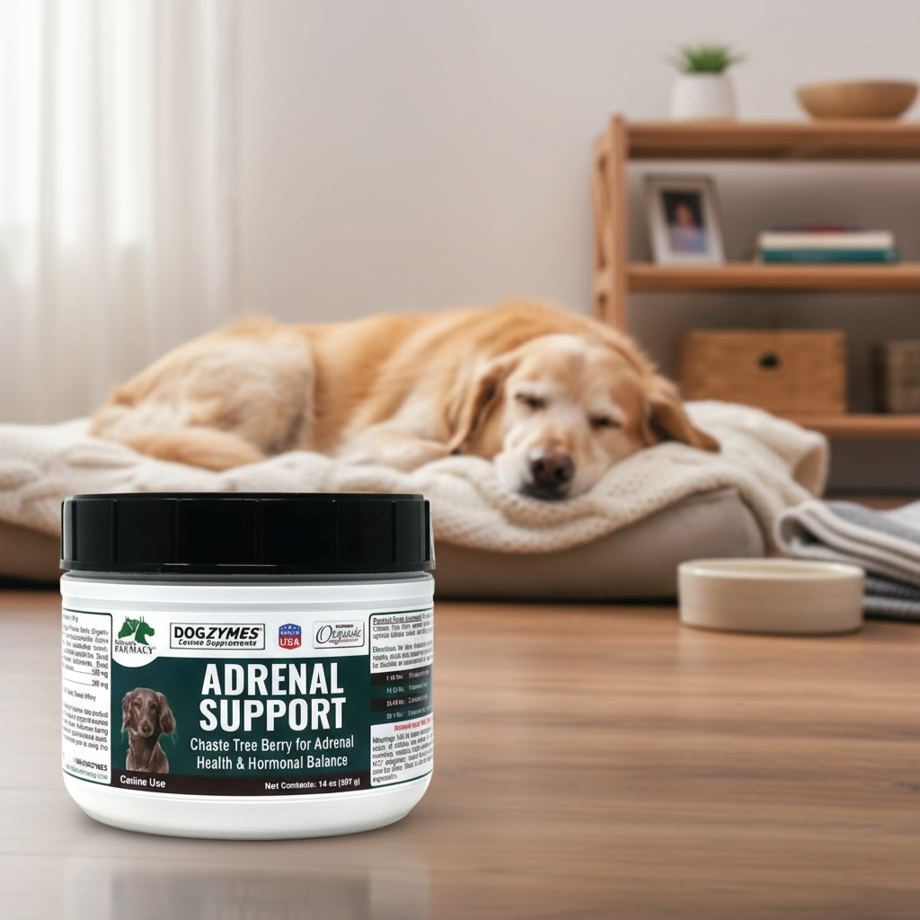 Jar of Dogzymes Adrenal Support for dogs on the floor with a dog resting in the background.