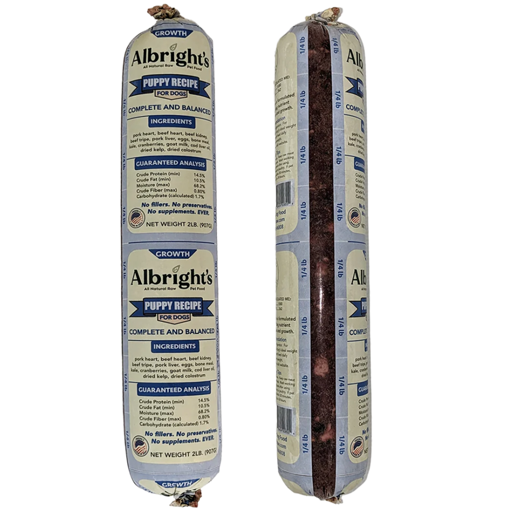 Albright’s Puppy Formula Raw Frozen Complete Diet Dog Food – 2 lb Chubs (16ct/32 lb Case)