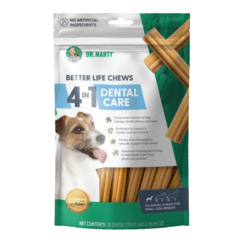 Package of Dr. Marty Better Life Chews 4 in 1 Dental Care for small dogs