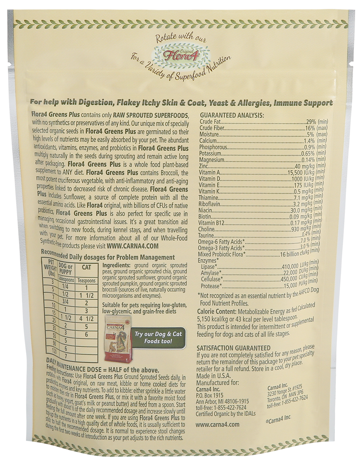 Carna4 Flora4 Greens Plus Ground Sprouted Seeds Food Topper For Dogs & Cats