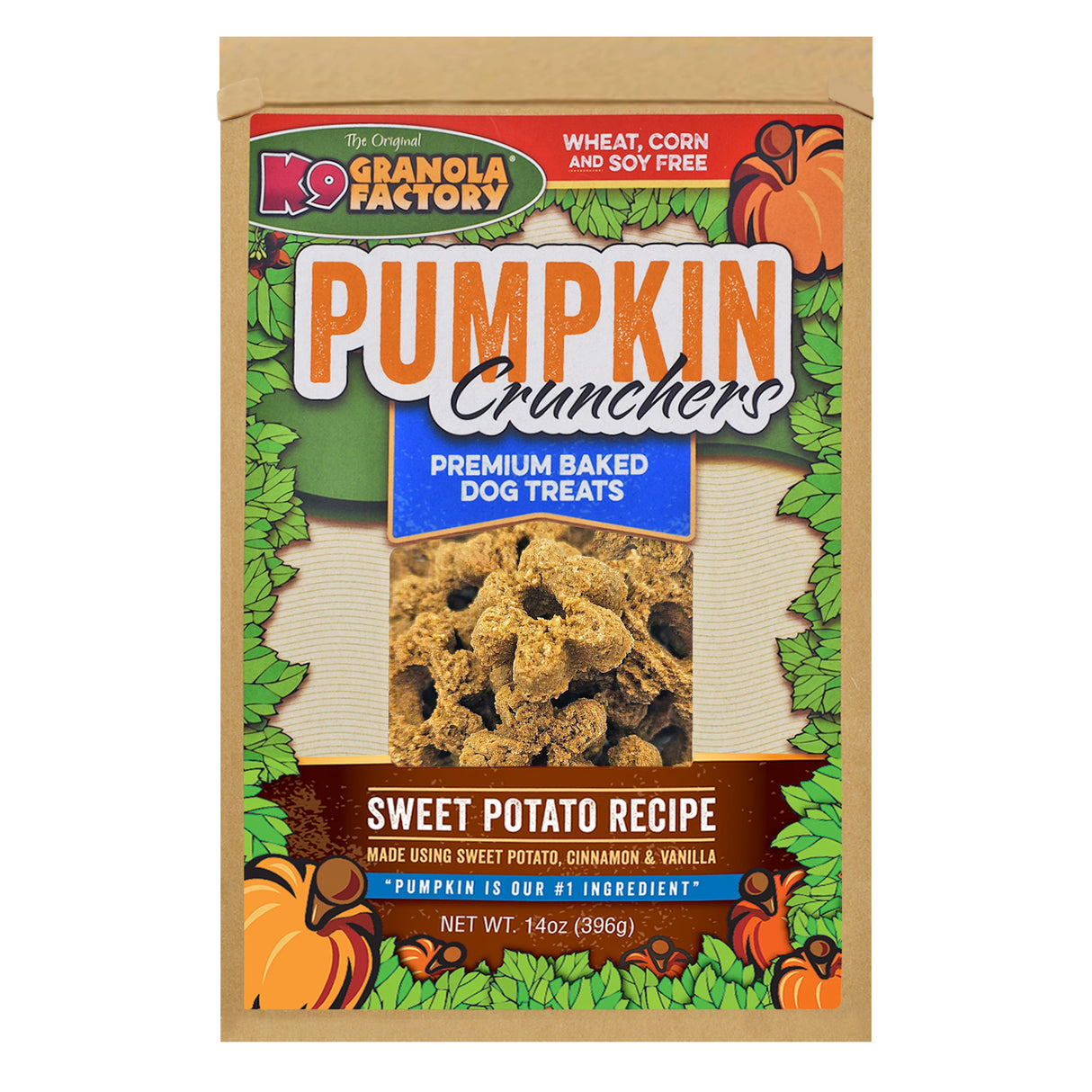 A bag of K9 Granola Factory Pumpkin Crunchers Sweet Potato dog treats.