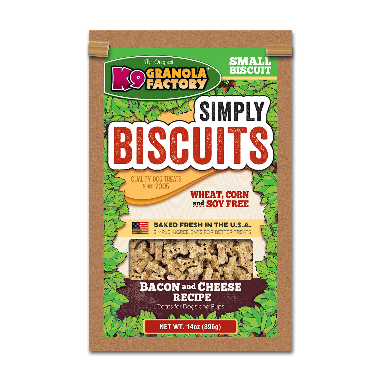 Package of K9 Granola Factory Simply Biscuits bacon and cheese dog treats