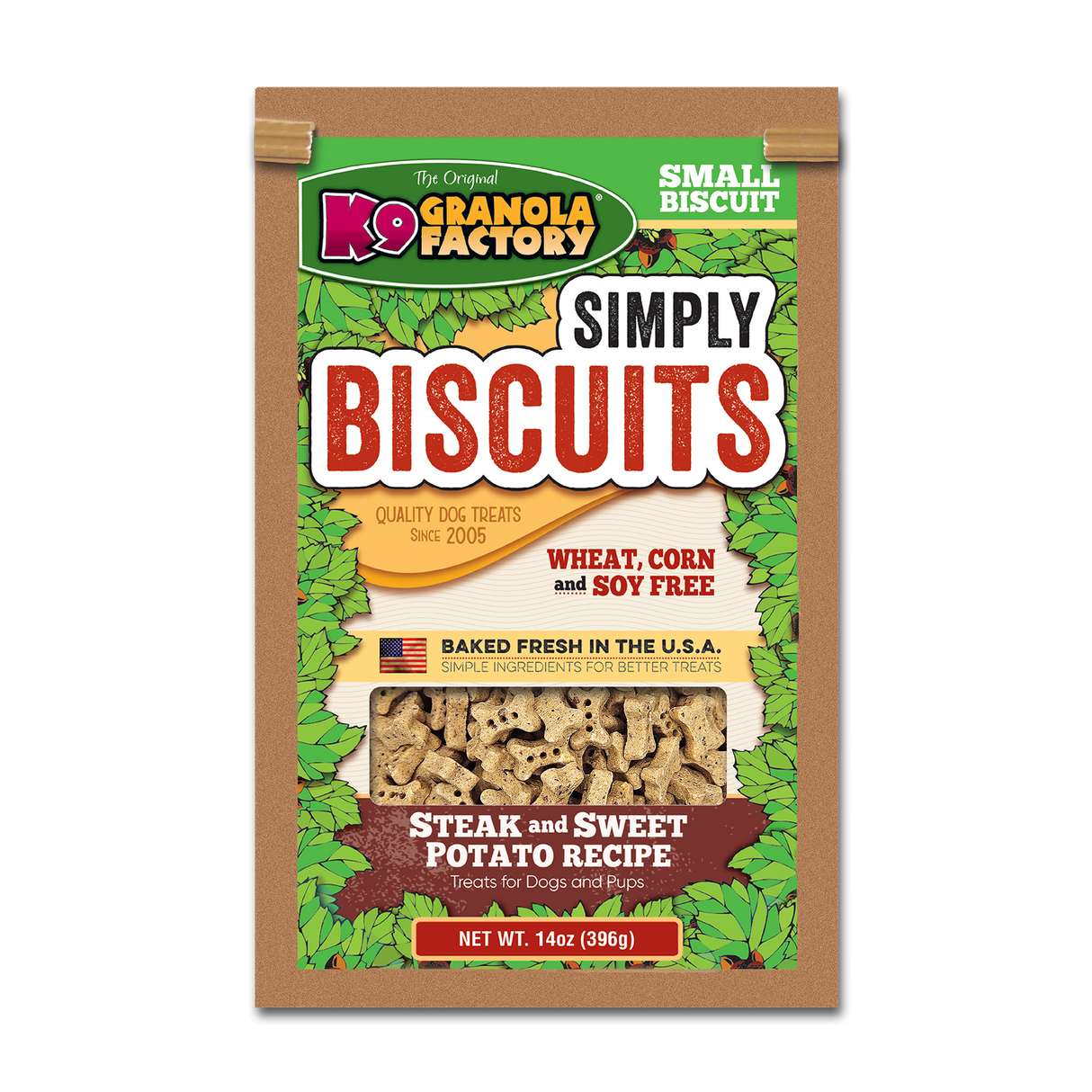 Package of K9 Granola Factory Simply Biscuits Steak & Sweet Potato dog treats