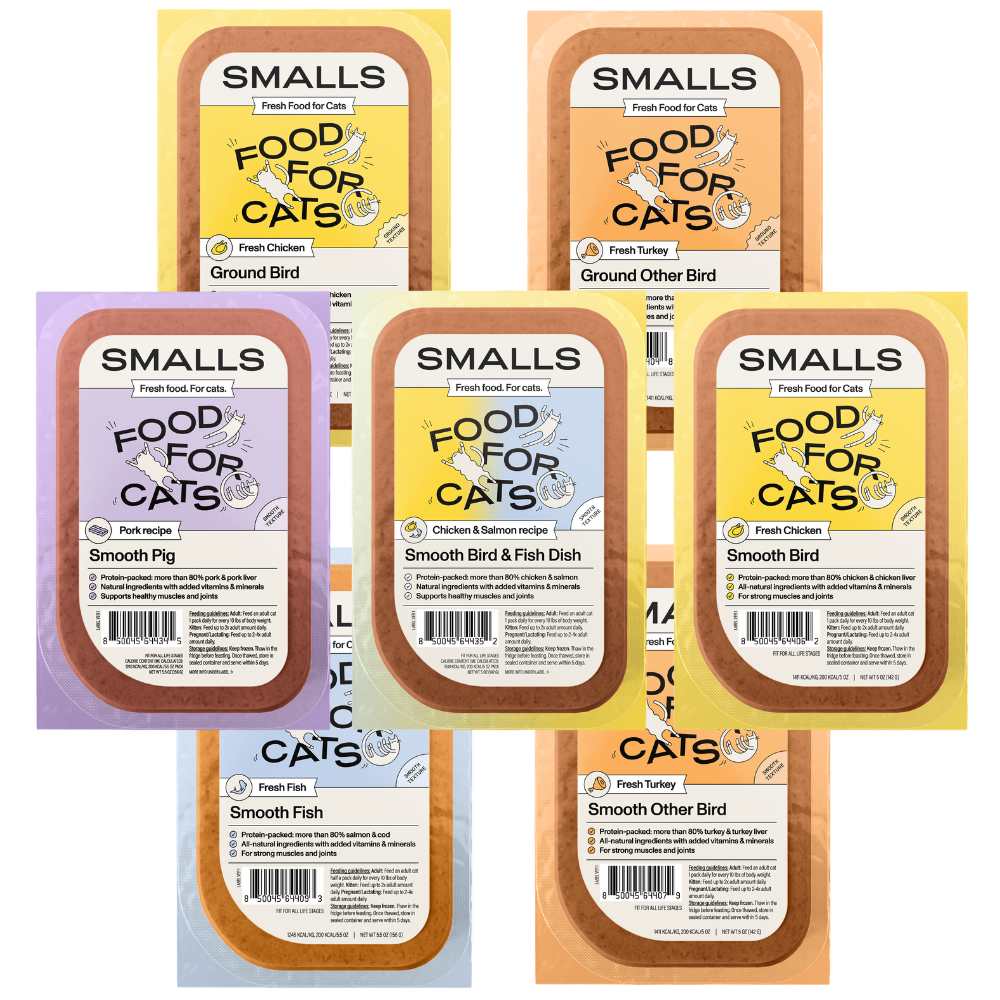 Smalls Fresh Human-Grade Gently Cooked Cat Food variety pack showcasing different flavors and recipes.