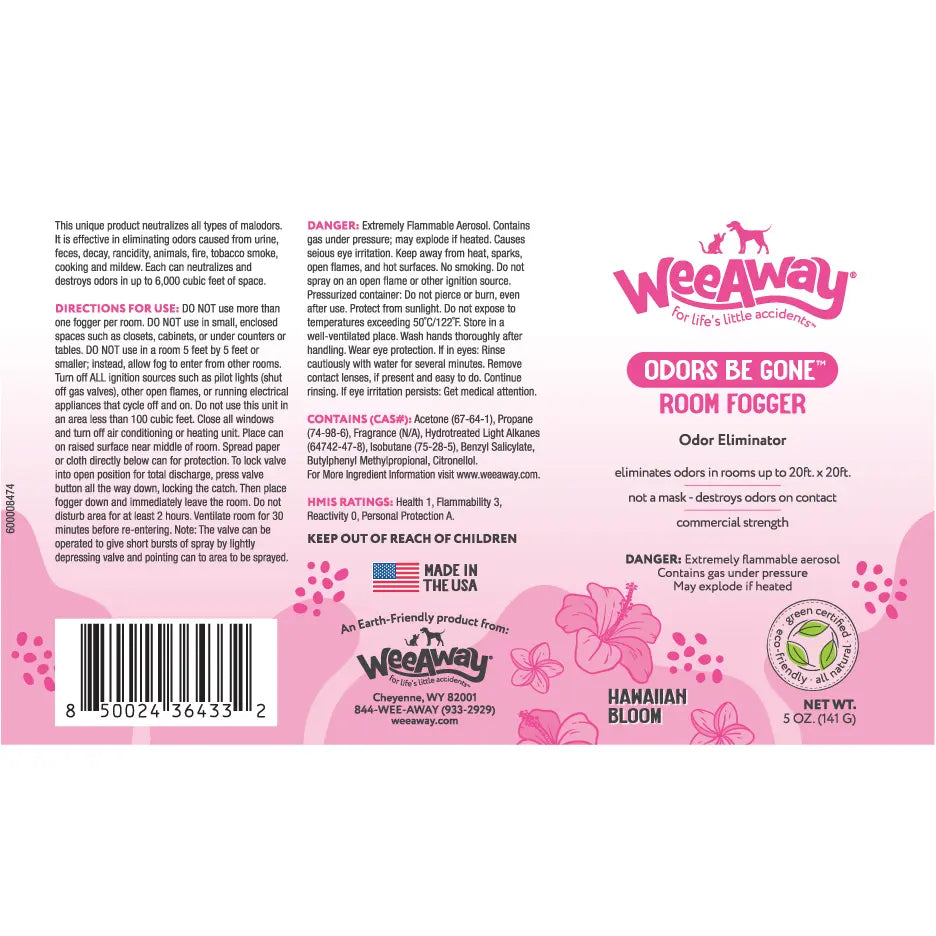 Wee Away Odors Be Gone Room Fogger Pet Odor Eliminator, Hawiian Bloom