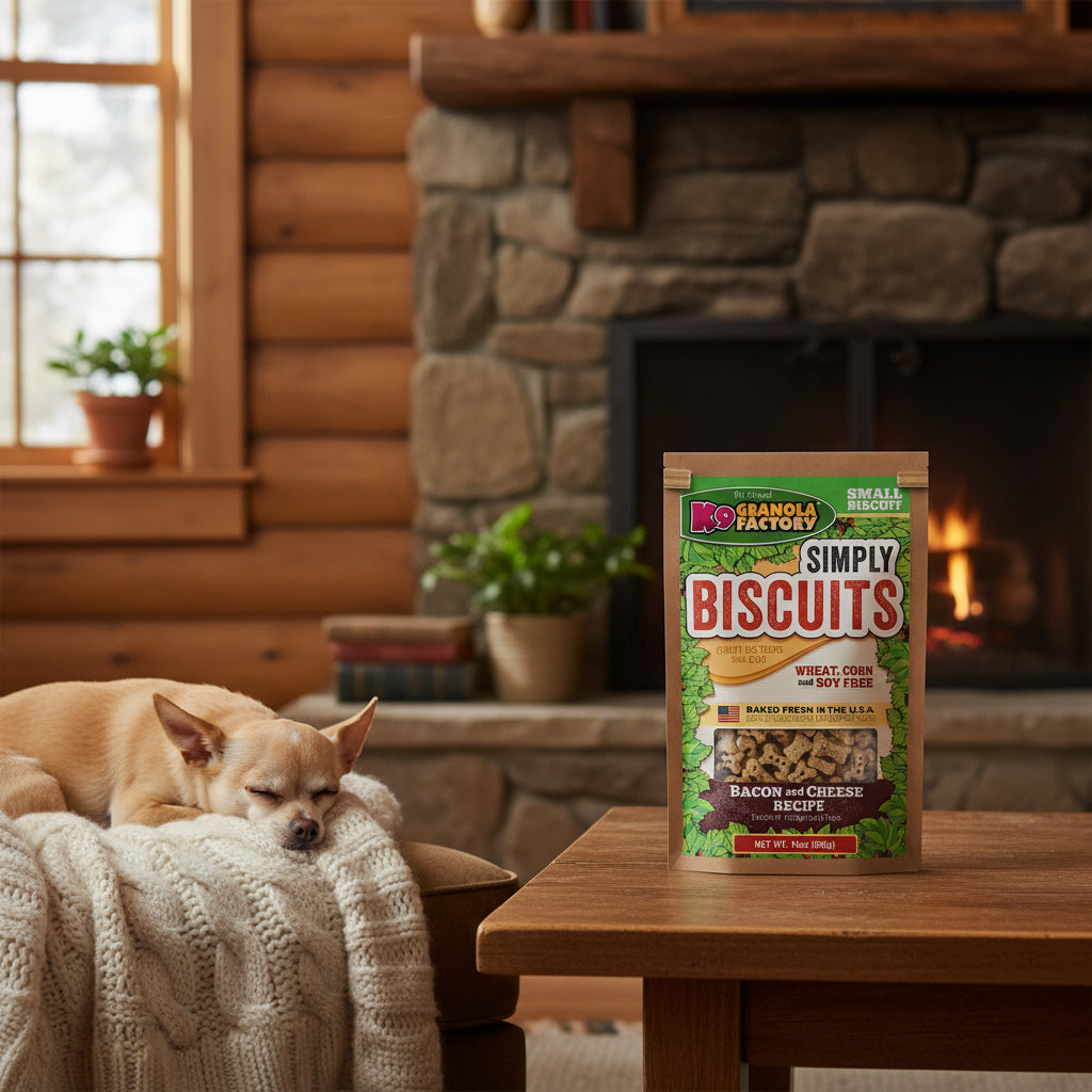 Package of K9 Granola Factory Simply Biscuits dog treats on a table next to a chihuahua