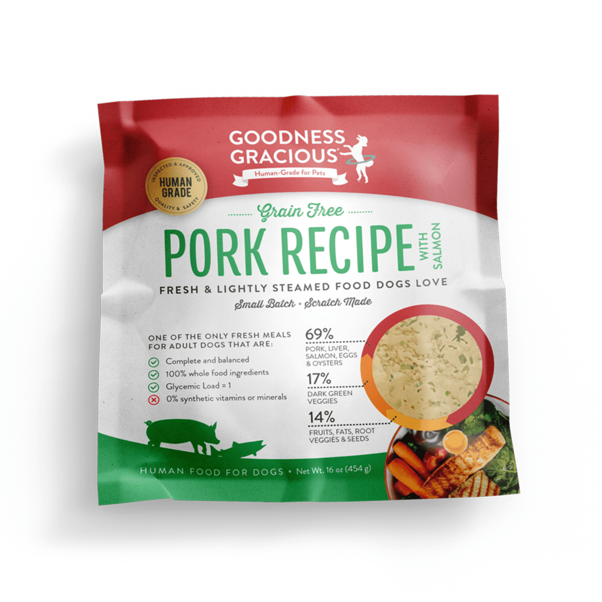 Goodness Gracious Human Grade Synthetic Free Pork with Salmon Recipe Gently Cooked Frozen Dog Food