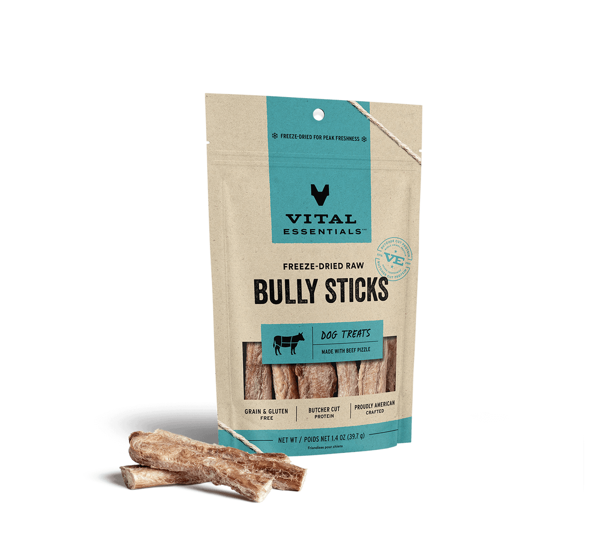 Vital Essentials Freeze Dried Beef Bully Sticks Dog Treats, 1.4oz