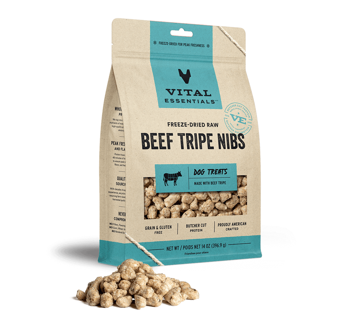 Vital Essentials Beef Tripe Nibs Freeze Dried Raw Dog Treats, 14oz