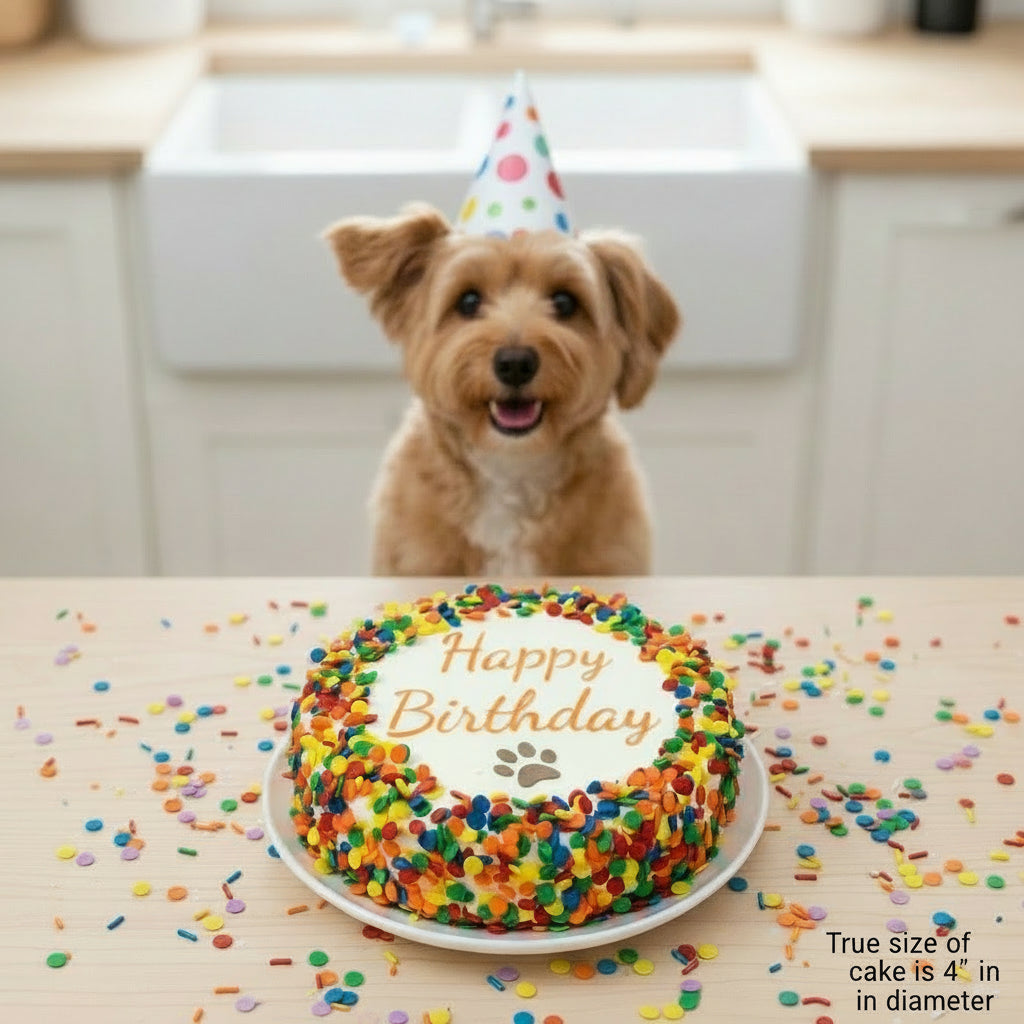 Dog Cake on table with birthday dog in the background.