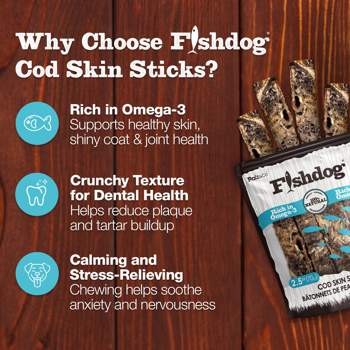 Palz&Co Fishdog Cod Skin Sticks Dog Treats, 2.5oz