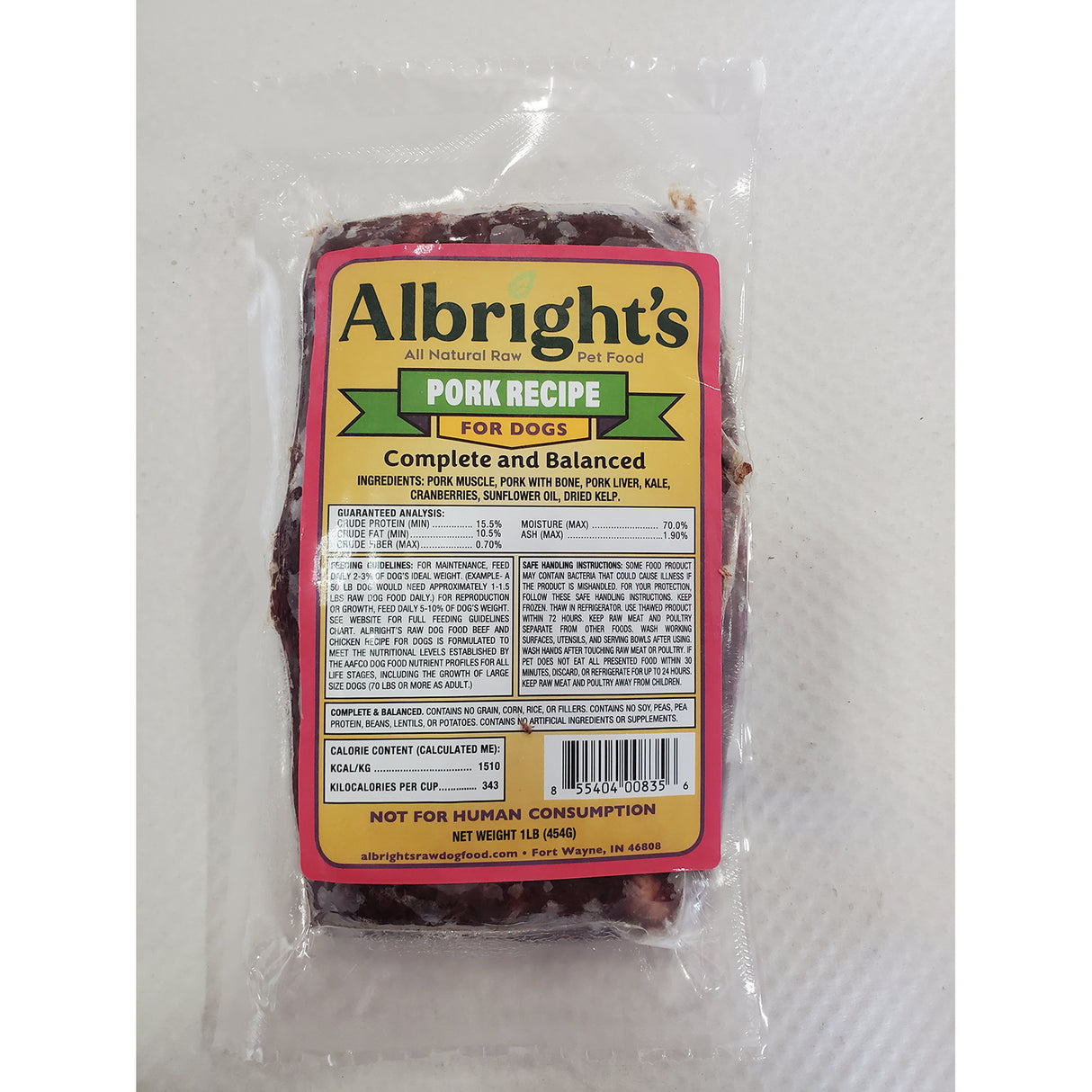Albrights Pork Formula Raw Frozen Complete Diet Dog Food - 1lb (30ct/30lb Case)