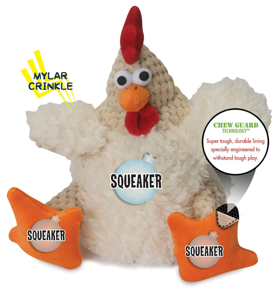goDog Checkers Fat White Rooster Durable Squeaky Plush Dog Toy