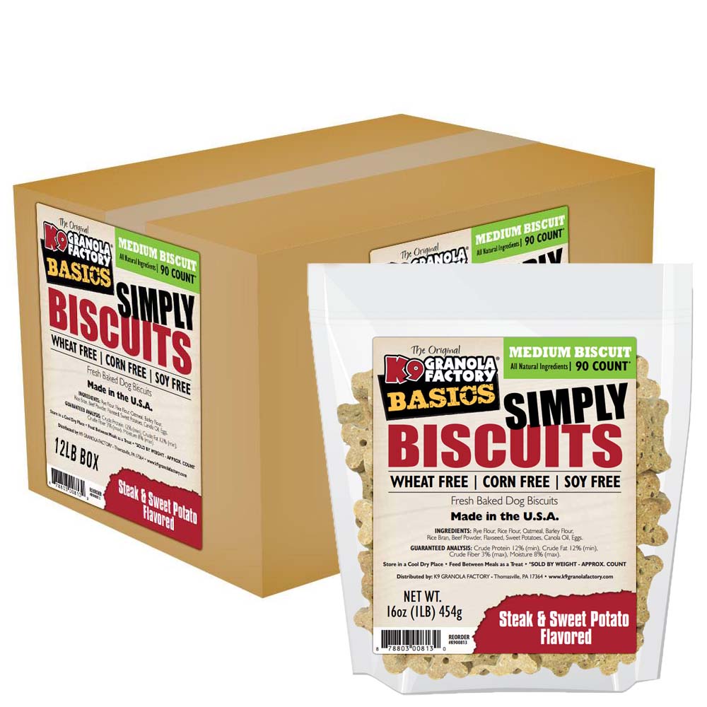 K9 Granola Factory Simply Biscuits Steak & Sweet Potato Dog Treats, Medium 1lb | 40% OFF Super Sale (Code: April40)