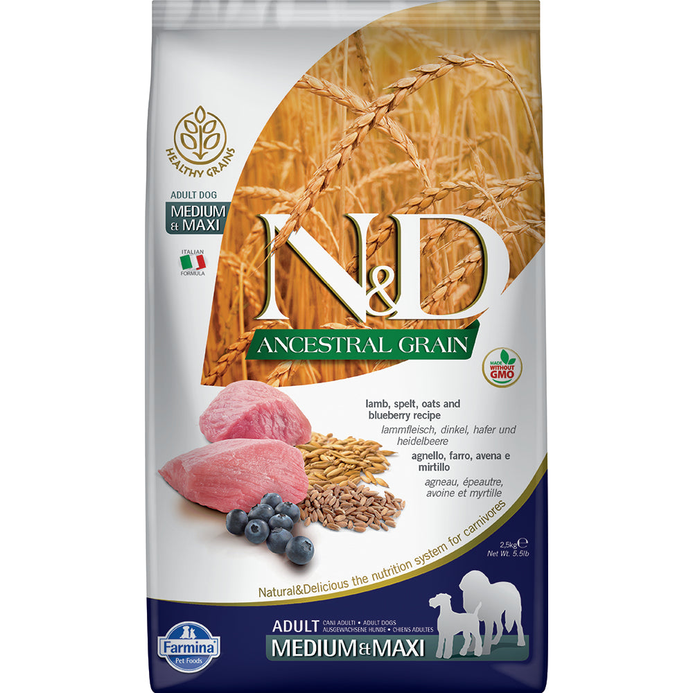 Farmina N D Ancestral Grain Lamb Blueberry Medium Maxi Adult Dry Dog Food 5.5 lbs