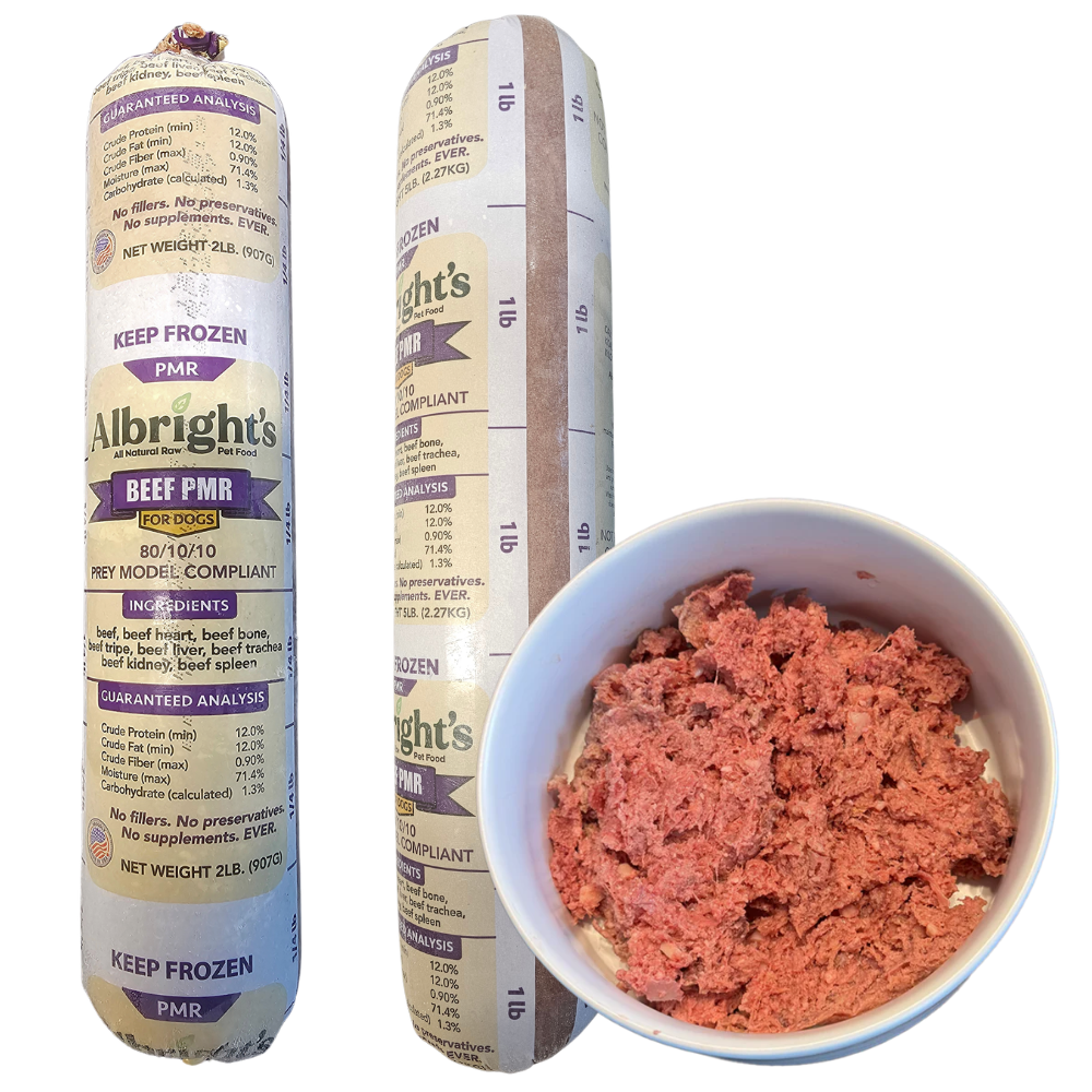 Albright’s PMR Prey Model 80/10/10 Beef Formula Raw Frozen Dog Food – 2 lb Chubs (16ct/32lb Case)