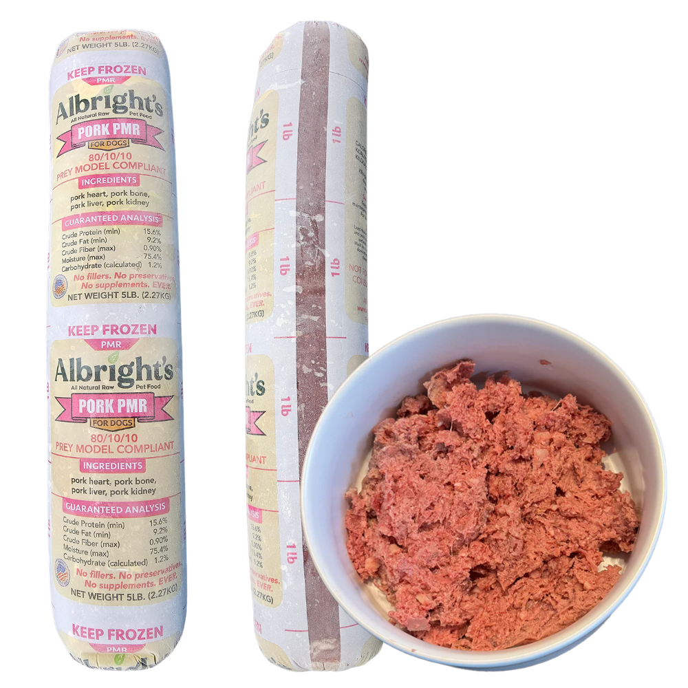 Albrights PMR Prey Model 80/10/10 Pork Formula Raw Frozen Dog Food - 2lb Chubs (16ct/32lb Case)