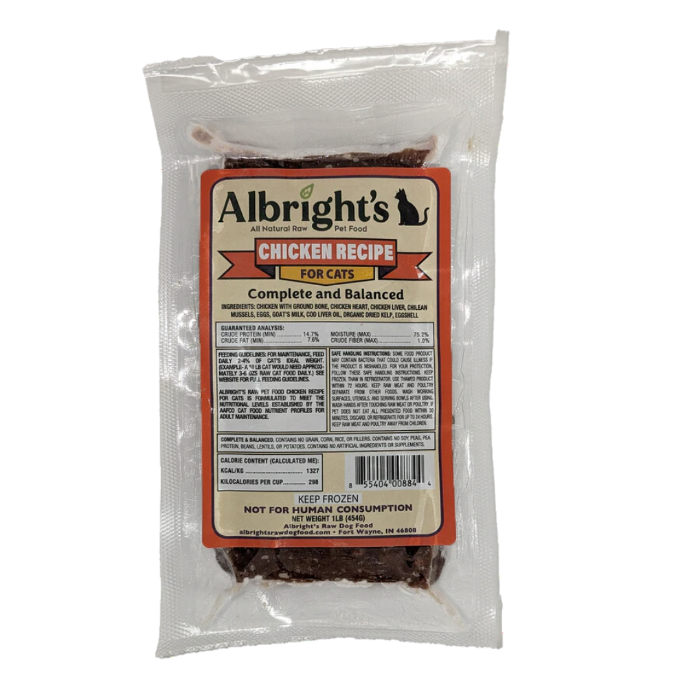 Albrights Chicken Formula Raw Frozen Complete Diet CAT Food, 1lb Chubs 30ct/30lb Case