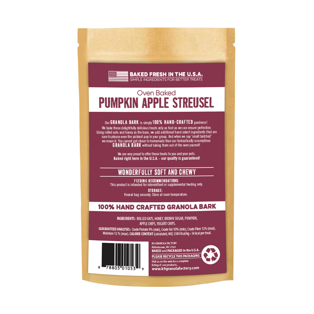 K9 Granola Factory Granola Bark Dog Treats, Pumpkin Apple Streusel Recipe 10oz