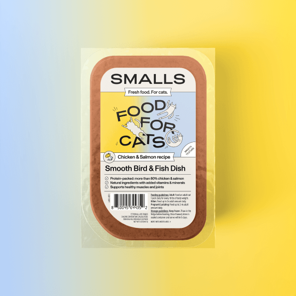 Smalls Fresh Human-Grade Gently Cooked Cat Food packaging featuring Chicken & Salmon recipe for cats.
