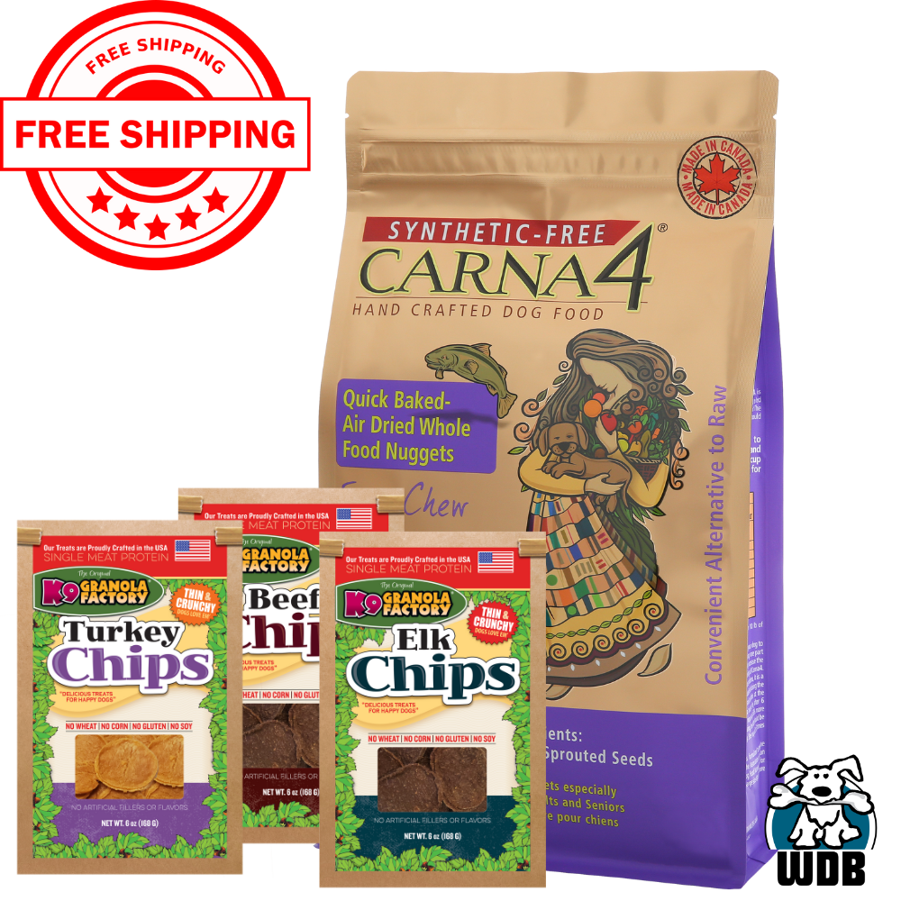 Carna4 All Life Stages Easy Chew Fish Formula Dry Dog Food + K9 Granola Factory Meat Chips BUNDLE