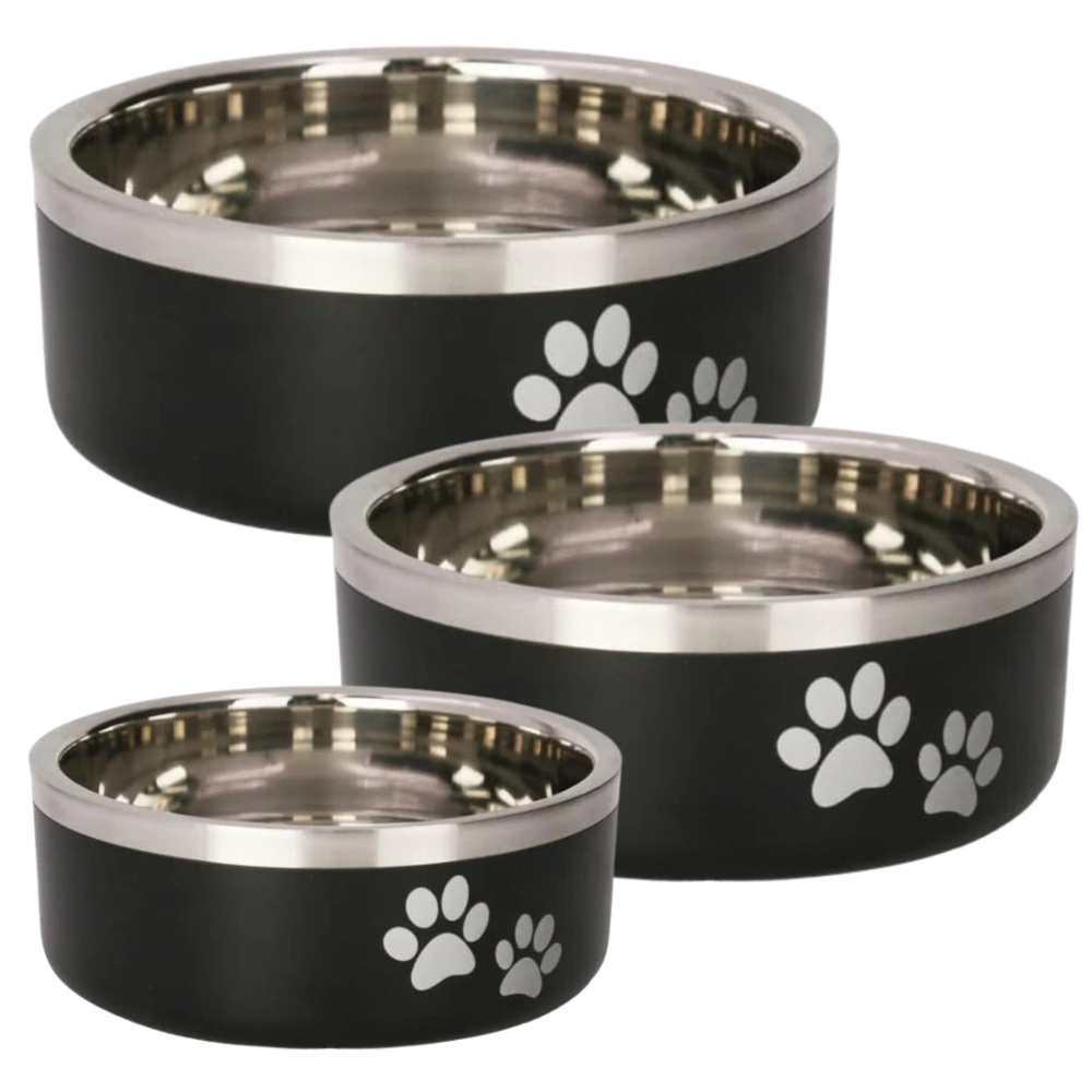 Indipets Double Walled Stainless Steel Pet Feeding Bowl, Black