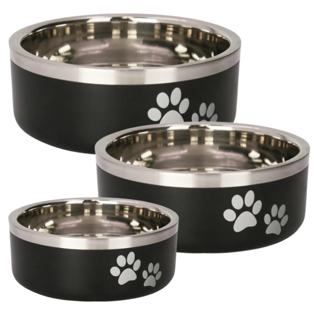 Indipets Double Walled Stainless Steel Pet Feeding Bowl, Black – White ...