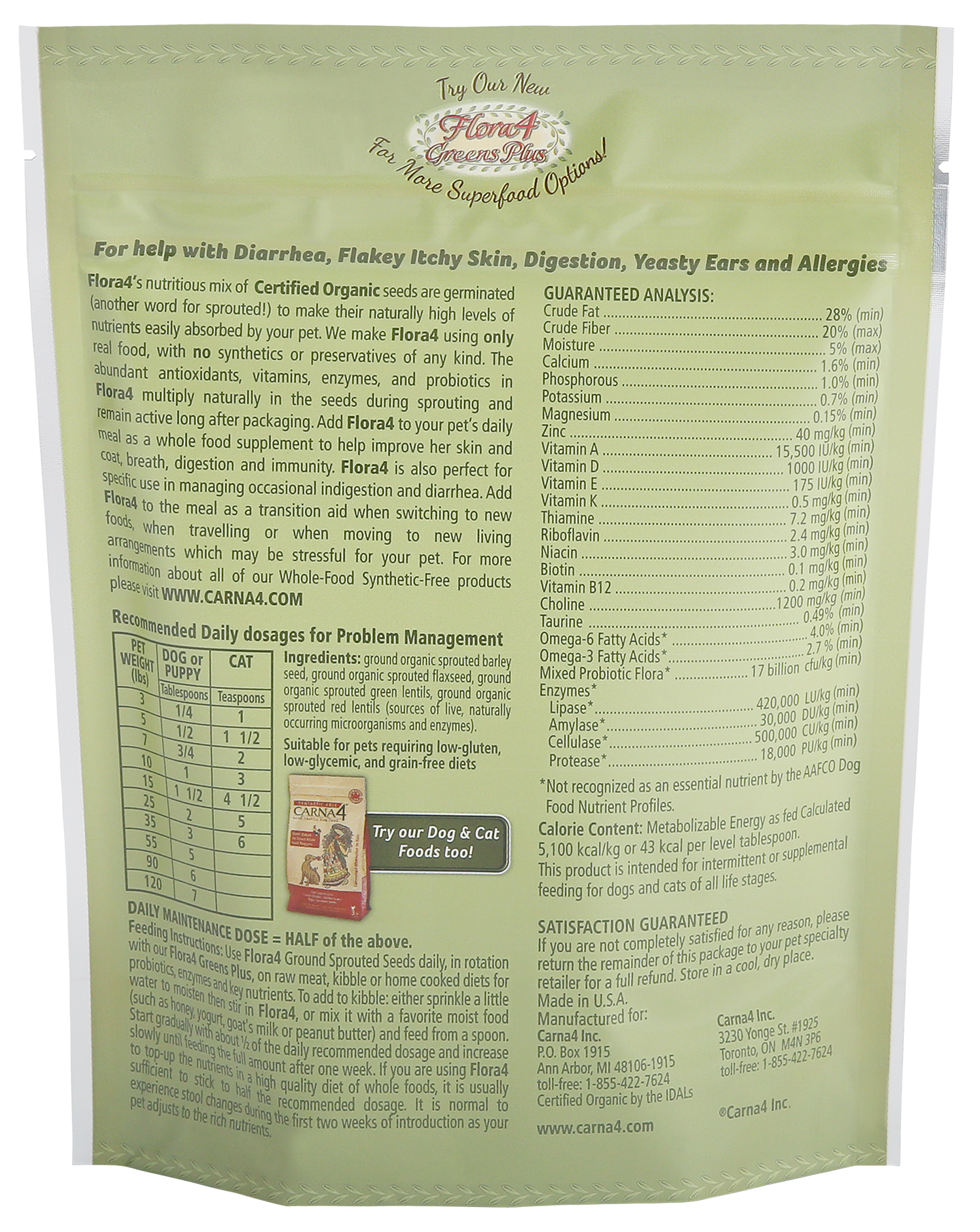 Carna4 Flora4 Ground Sprouted Seeds Food Topper For Dogs Cats