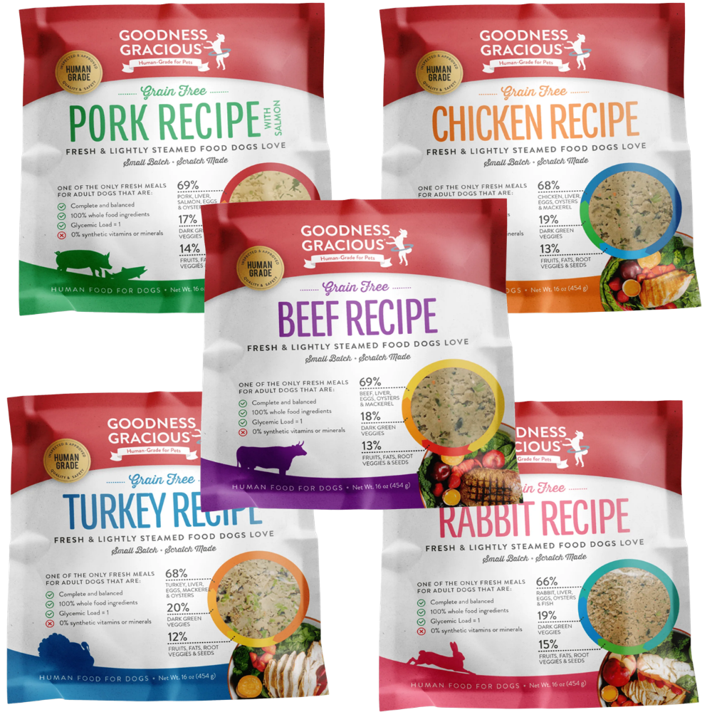 Goodness Gracious Human Grade Synthetic Free Gently Cooked Frozen Dog Food, 20lb Variety Pack (4ea)