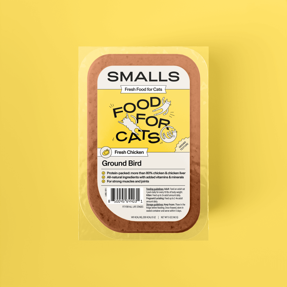 Smalls Fresh Human-Grade Gently Cooked Cat Food packaging featuring Ground Bird flavor and protein-rich ingredients.