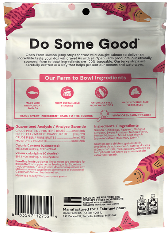 Open Farm Jerky Strips Grain Free Salmon Recipe Jerky Dog Treats, 5.6oz