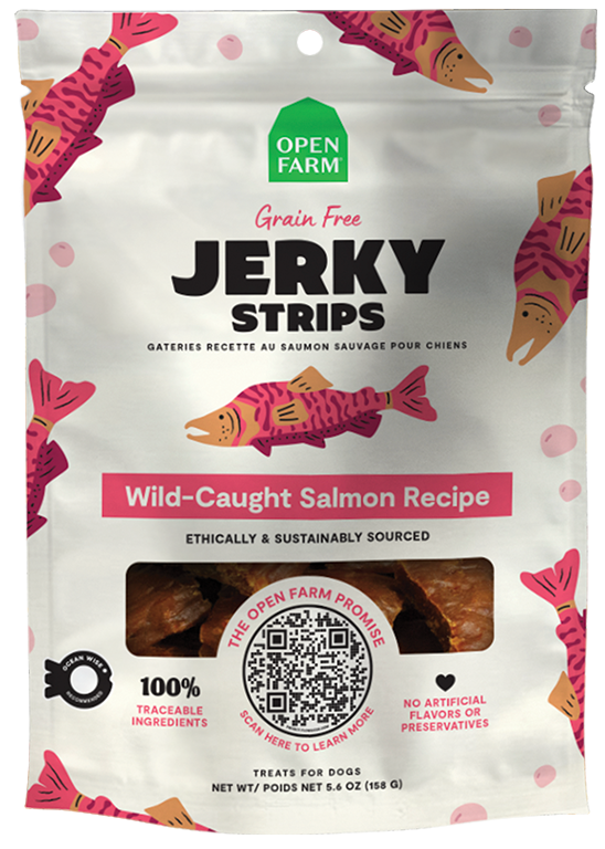 Open Farm Jerky Strips Grain Free Salmon Recipe Jerky Dog Treats, 5.6oz