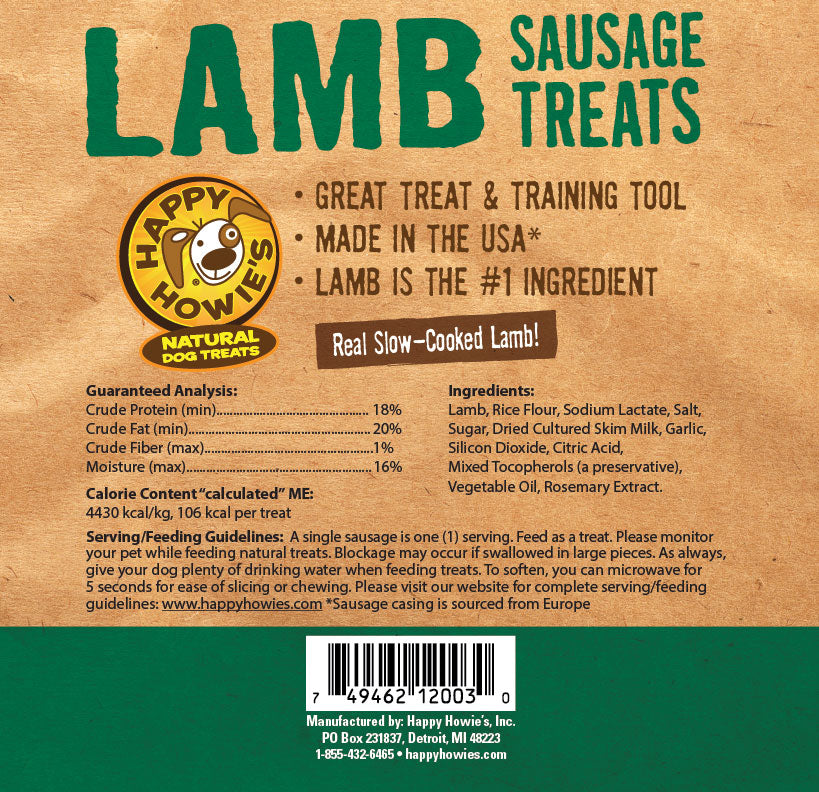 Happy Howie's USA Baker's Dozen Lamb Sausage Links Meaty Dog Treats, 4"