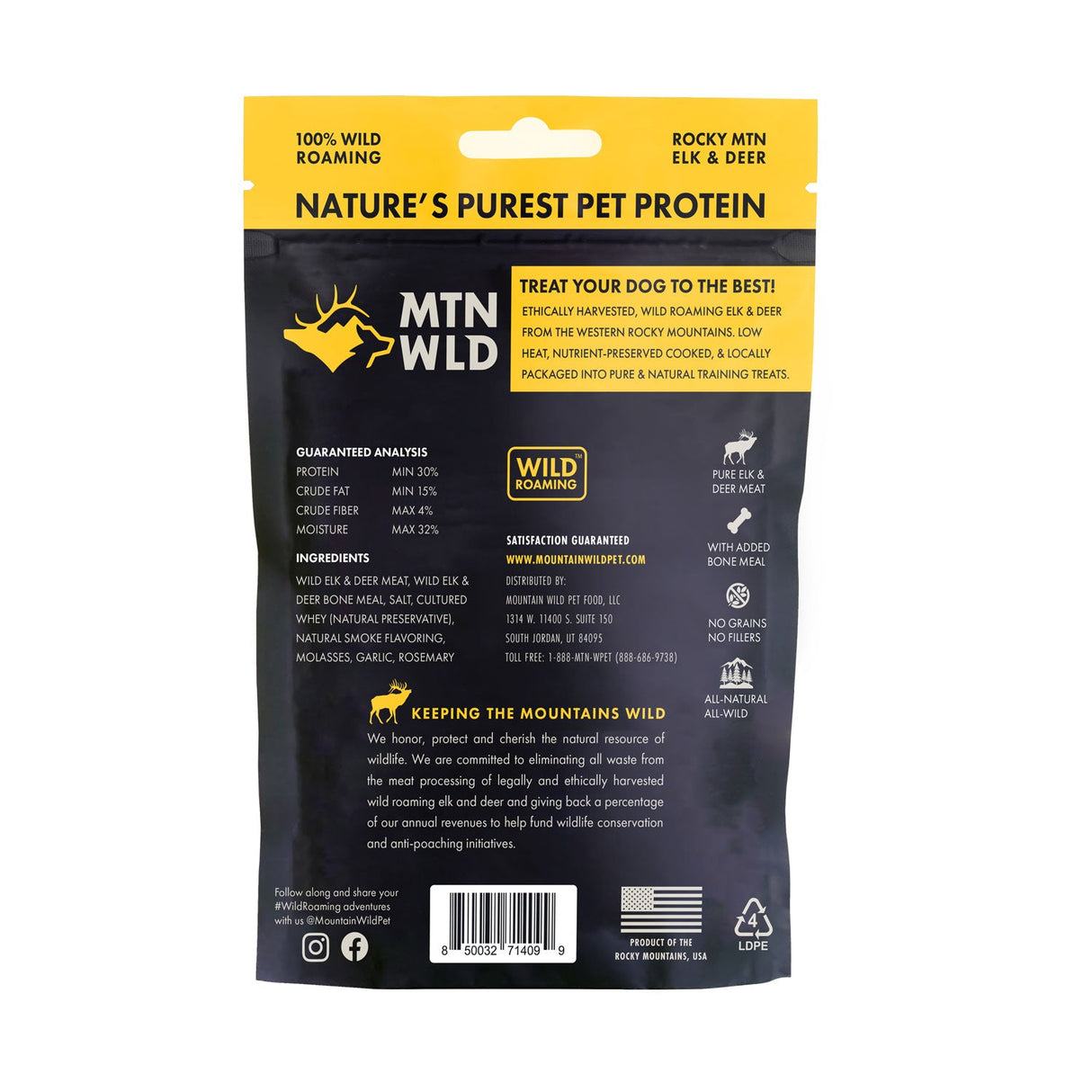 Mountain Wild 100% Free Roaming Elk & Deer Jerky Training Treats For Dogs, 4oz