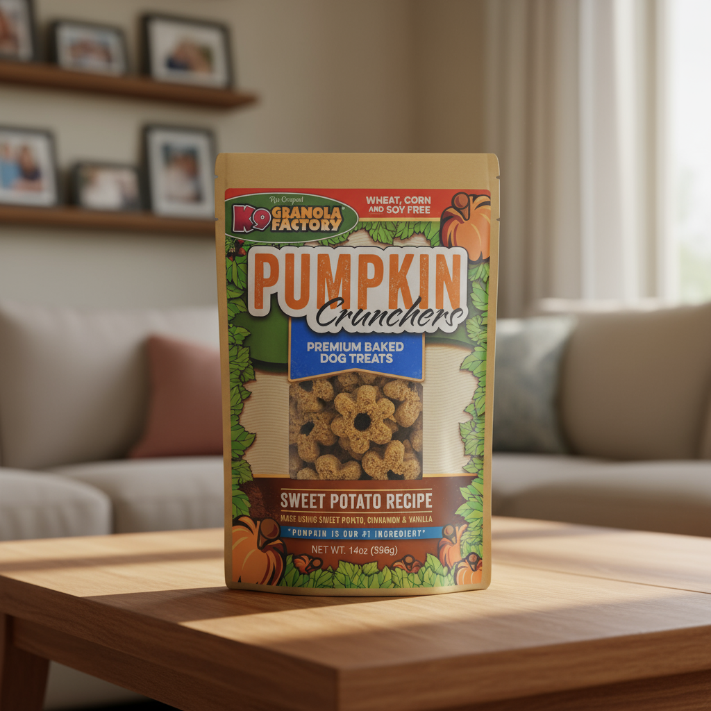 Package of Pumpkin Crunchers dog treats on a wooden table in a living room setting