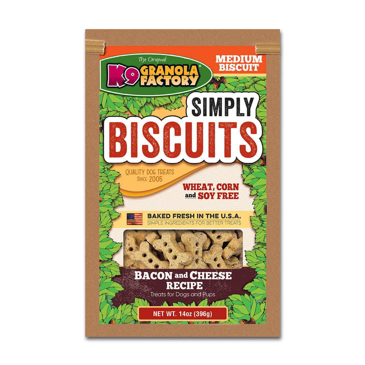 Package of K9 Granola Factory Simply Biscuits bacon and cheese dog treats