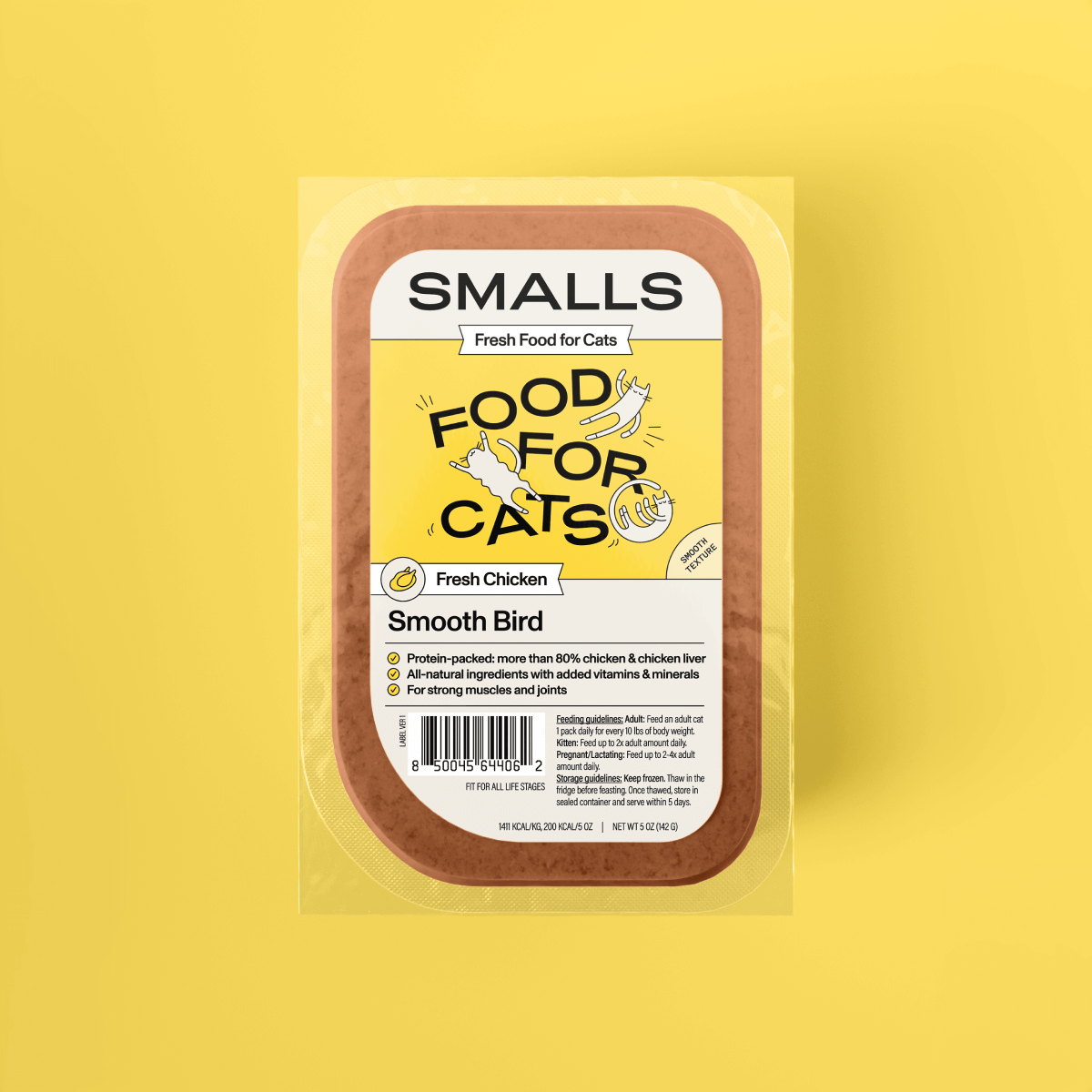 Smalls Fresh Human-Grade Gently Cooked Cat Food - Smooth Bird flavor in packaging on yellow background.