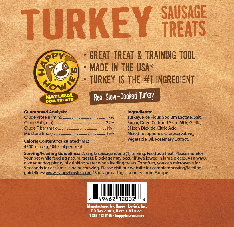 Happy Howie's USA Baker's Dozen Turkey Sausage Links Meaty Dog Treats, 4"