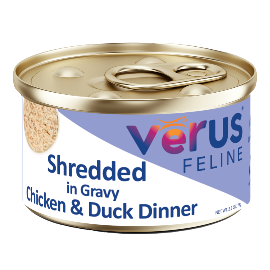 VéRUS Shredded Chicken & Duck in Gravy Dinner Canned Cat Food, 24/2.8oz Cans