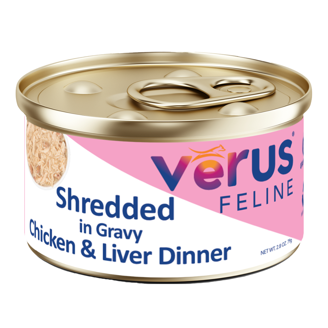 VéRUS Shredded Chicken & Liver in Gravy Dinner Canned Cat Food, 24/2.8oz Cans
