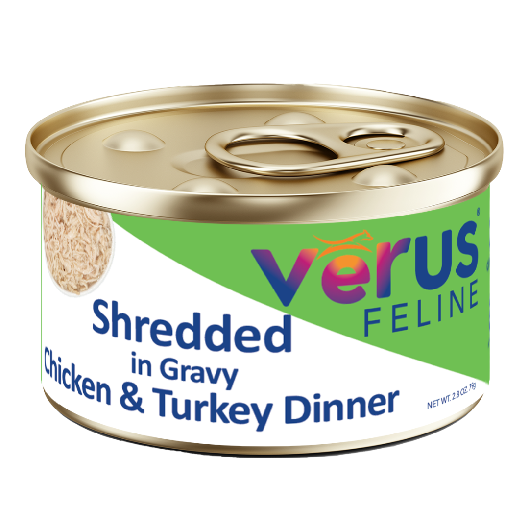 VéRUS Shredded Chicken & Turkey in Gravy Dinner Canned Cat Food, 24/2.8oz Cans