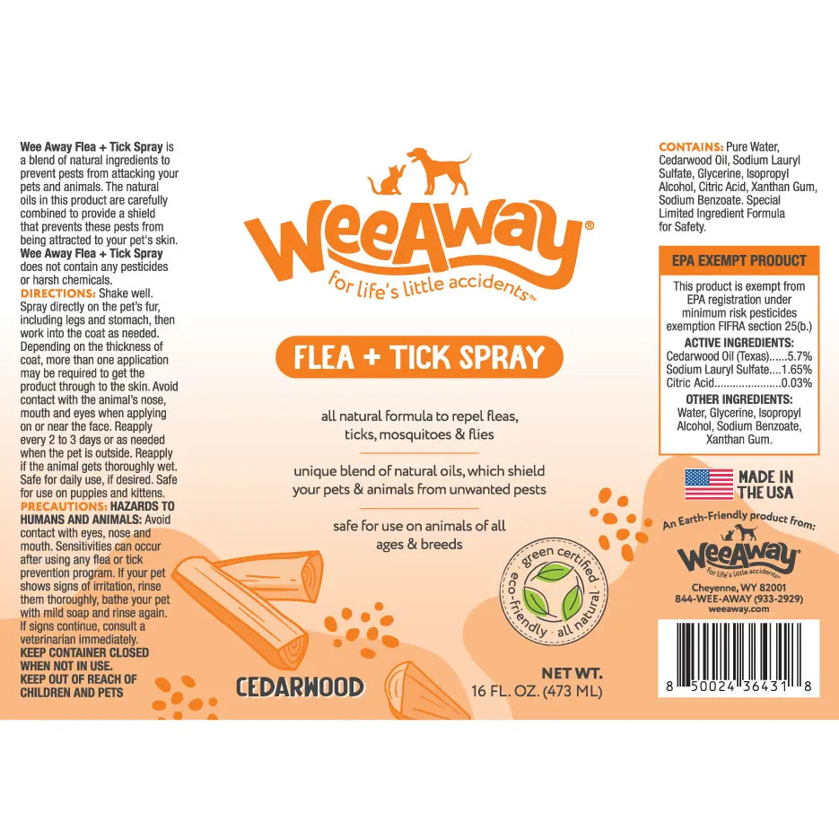Wee Away Natural Flea and Tick Spray For Dogs & Cats, Cedarwood