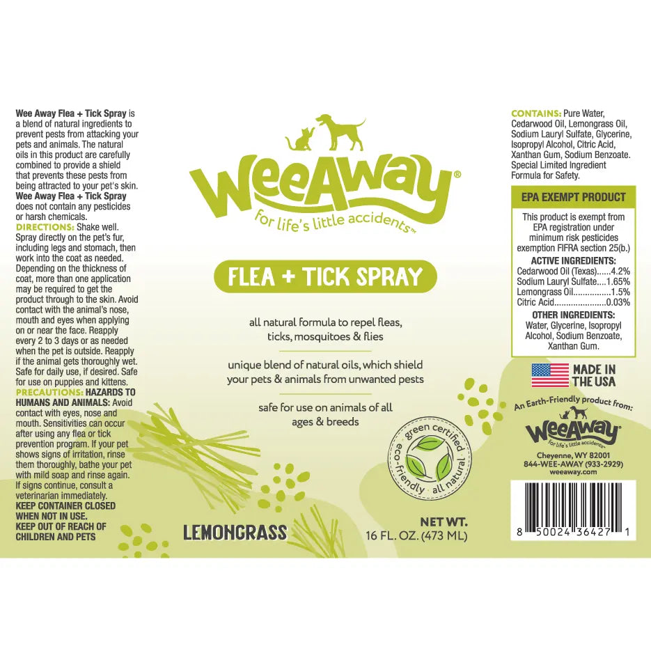 Wee Away Natural Flea and Tick Spray For Dogs & Cats, Lemongrass