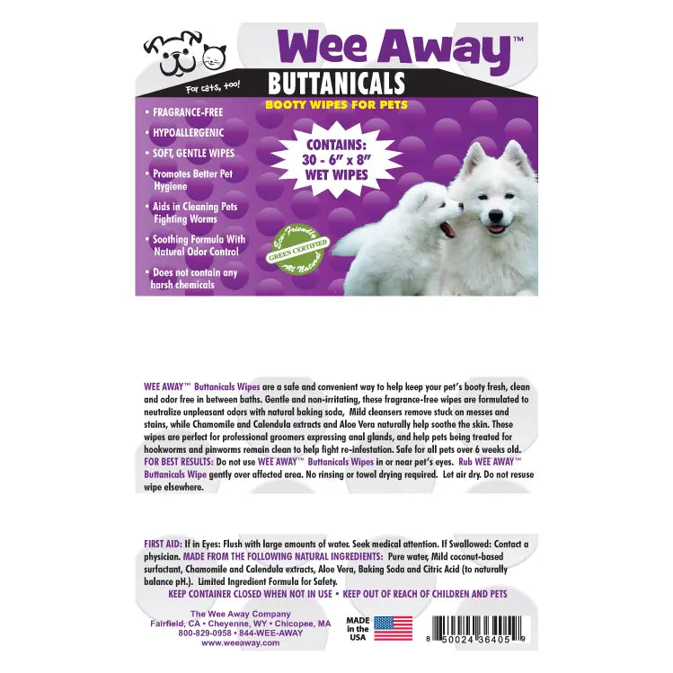 Wee Away Buttanicals Wipes For Dogs & Cats, 30ct