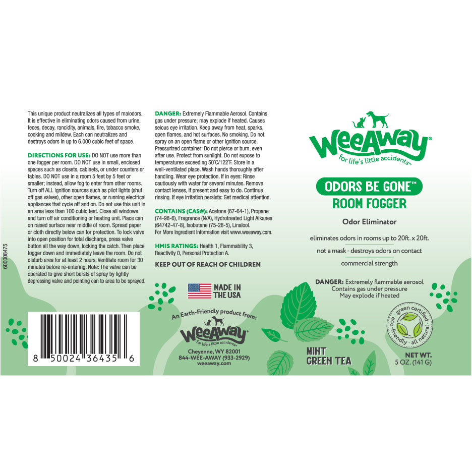 Wee Away Odors Be Gone Room Fogger Pet Odor Eliminator, Mini Green Tea