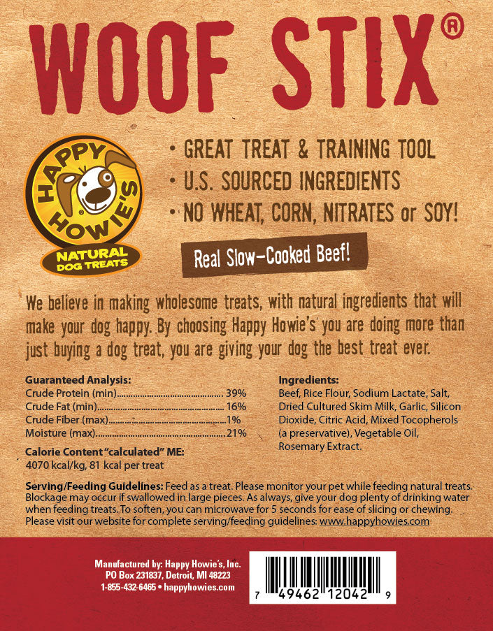 Happy Howie's USA Baker's Dozen Beef Woof Stix Meaty Dog Treats, 6"