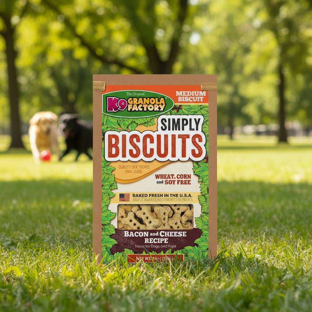 Package of K9 Granola Factory Simply Biscuits dog treats on the grass in a park