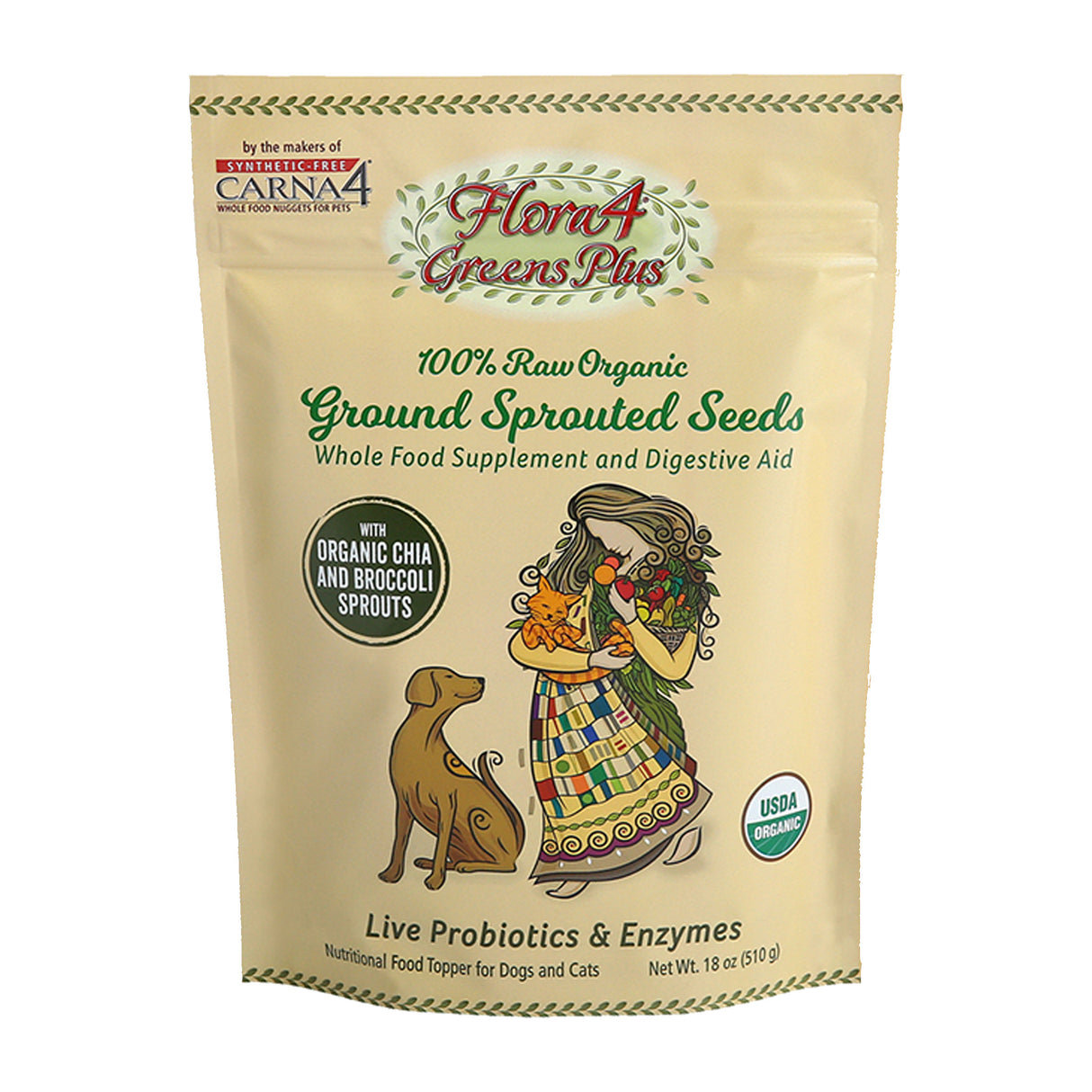 Carna4 Flora4 Greens Plus Ground Sprouted Seeds Food Topper For Dogs & Cats